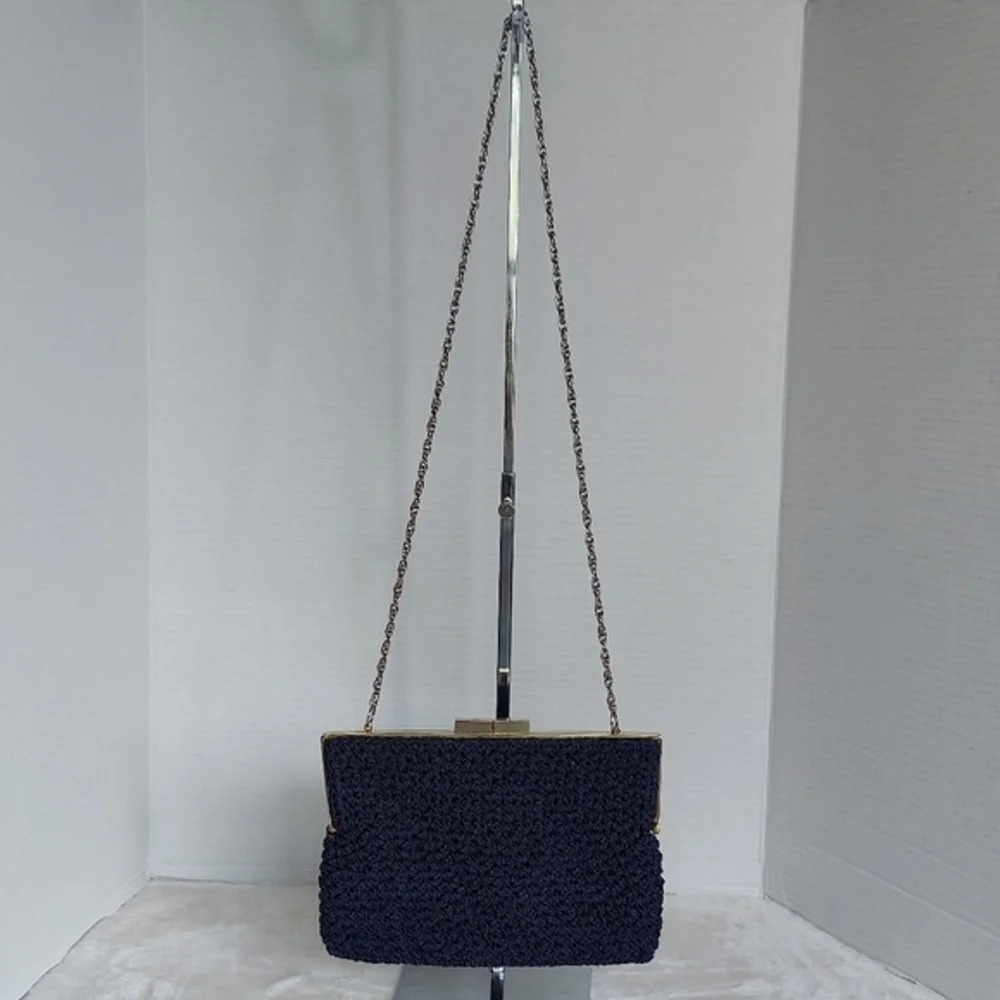 Vintage Jacobson's Navy Blue Macrame Bag Chain Shoulder Bag Kiss Lock Closure - Picture 2 of 13